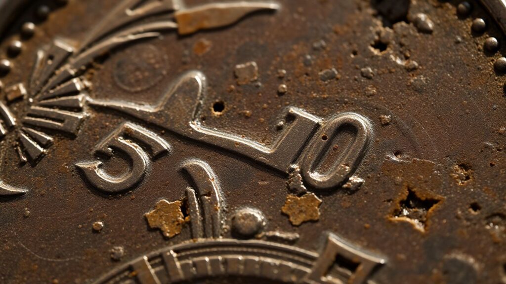 Close-up of a rare, antique numismatic coin.