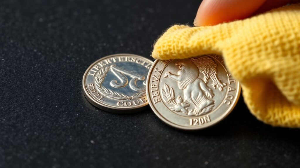 Cleaning a tarnished coin with a soft cloth.