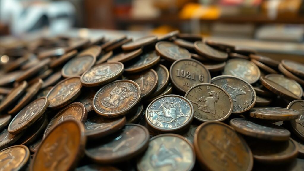 Old coins scattered on a surface, San Antonio
