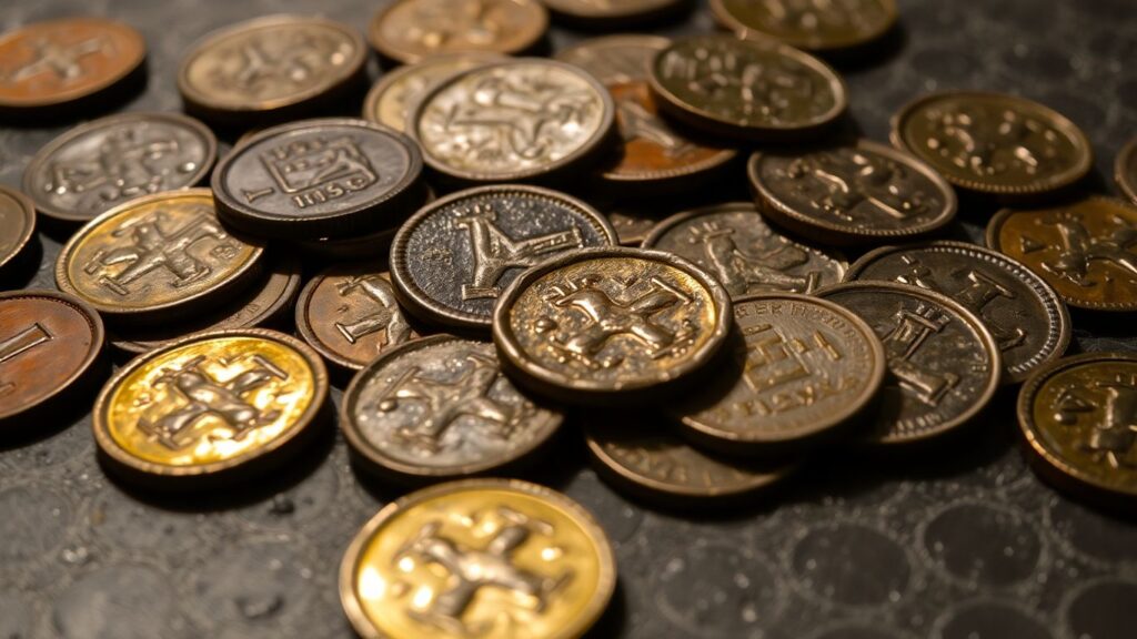 Collection of old coins, close-up, highlighting details.