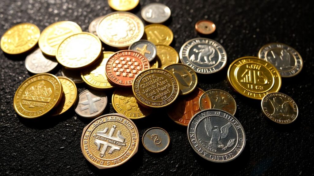 Gold and silver coins on a dark surface.