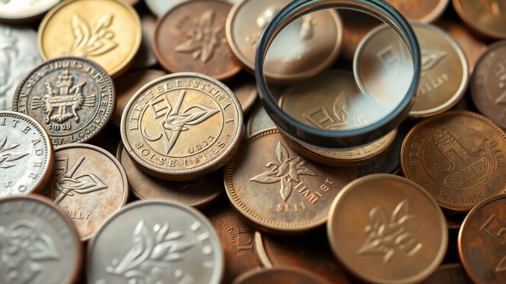 Close-up of various coins with magnifying glass.