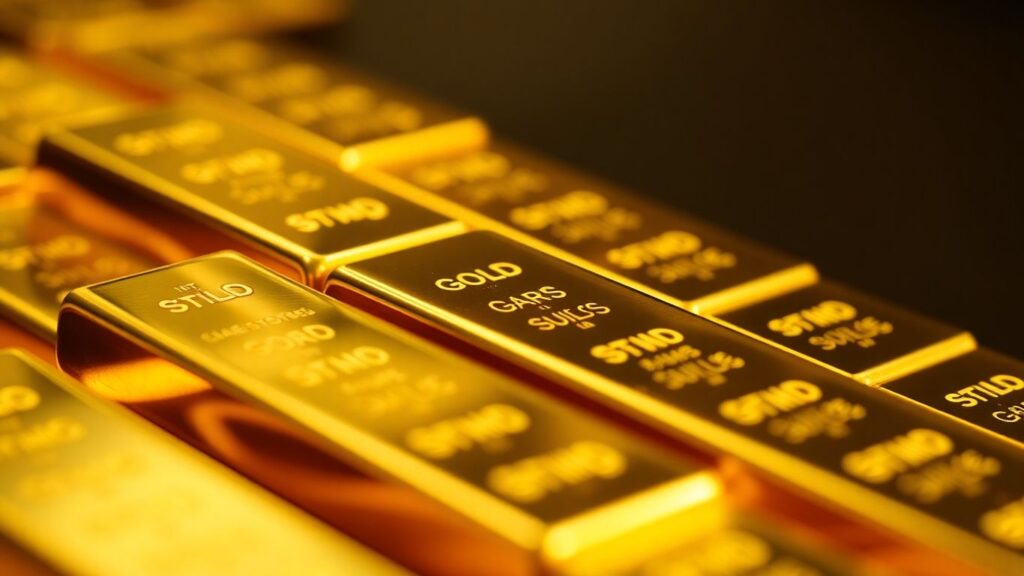 Gold bullion bars stacked