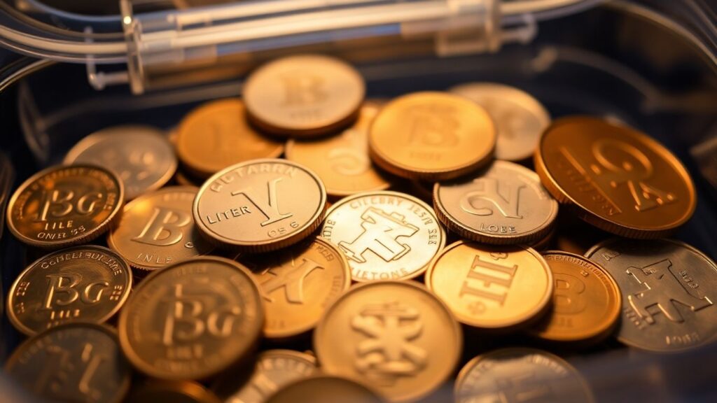 Coins in a protective container with moisture absorbers.