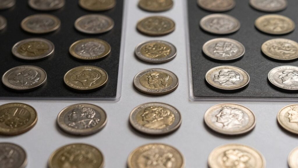 Organized coin collection with various coins.