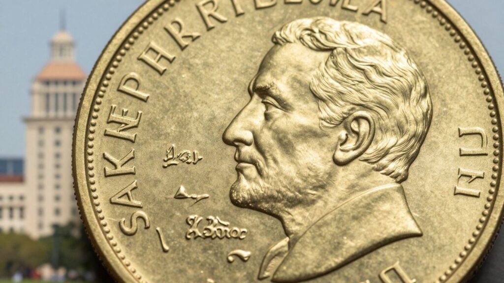 Gold Philharmonic coin with San Antonio skyline background.