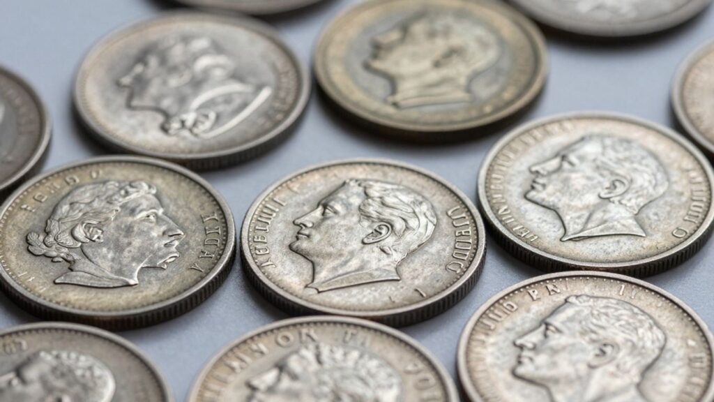 Shiny coins with some showing slight patina.