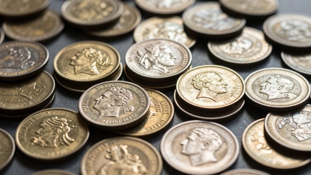 Gold and silver coins piled and scattered.