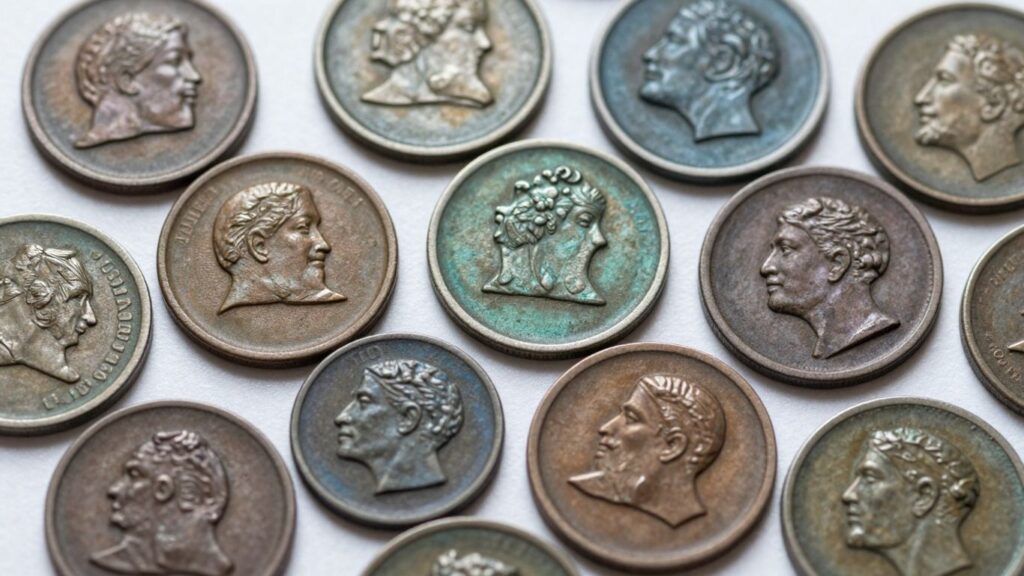 Close-up of naturally toned ancient coins with rich patina.