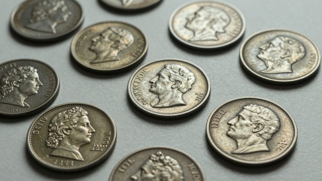 Close-up of rare coins for appraisal.
