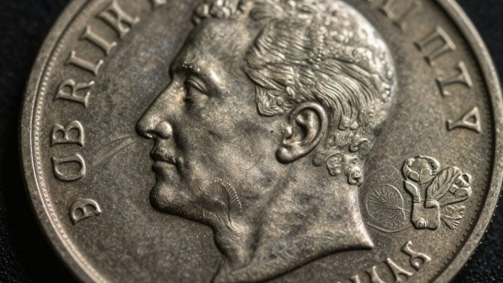 Close-up of a coin with dramatic lighting.