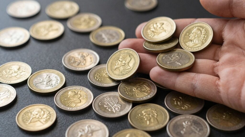 Gold and silver coins held in a hand