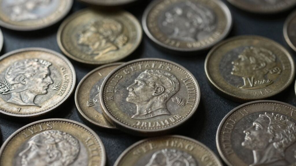 Close-up of rare coins with detailed textures.