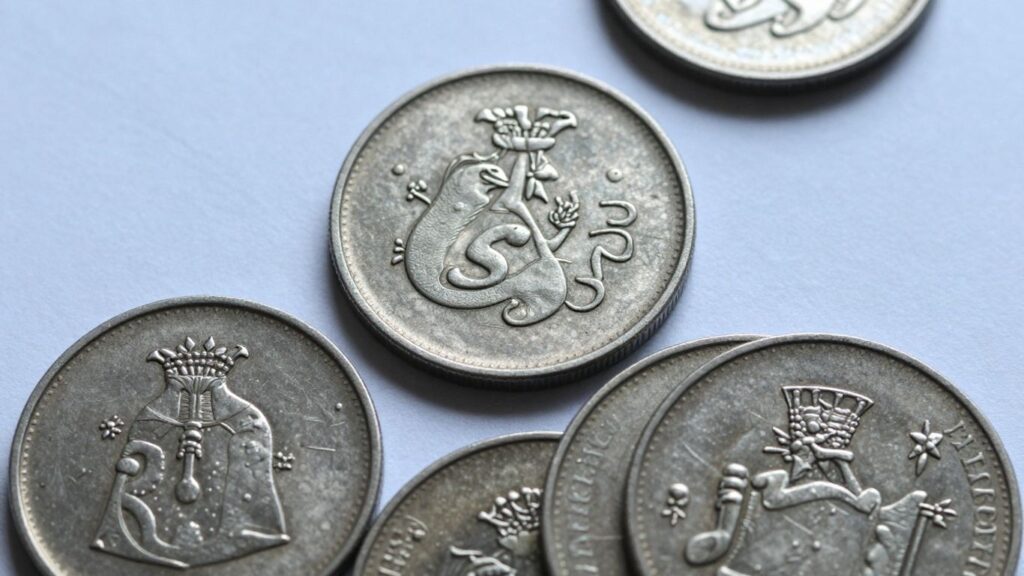 Close-up of coins showing bag marks and wear.