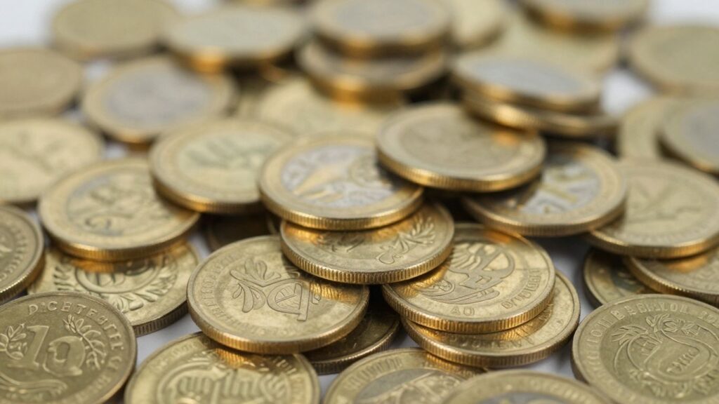 Gold round coins stacked and gleaming.