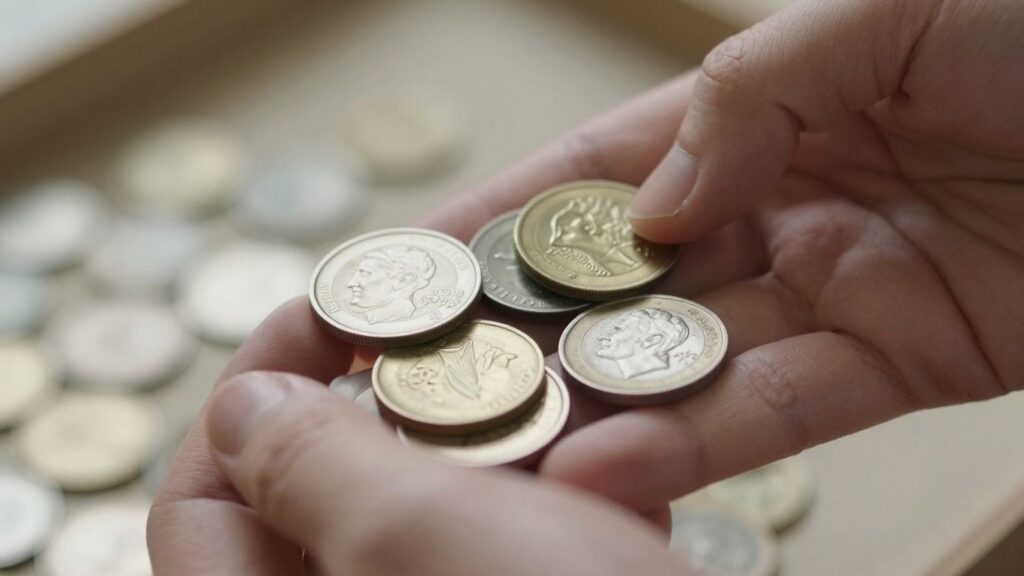 Collector's hands holding detailed coins.
