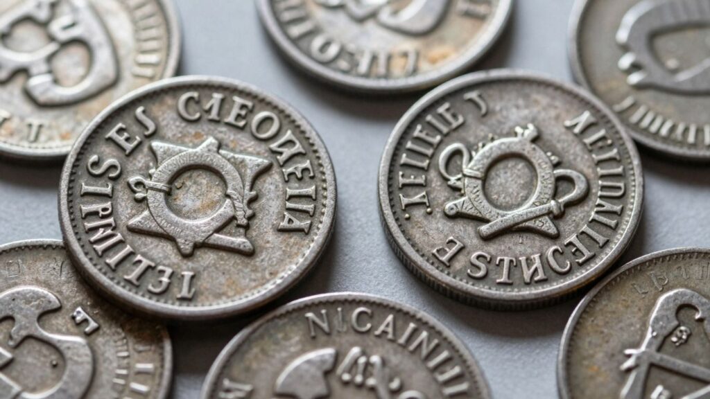 Close-up of old coins with visible dates.
