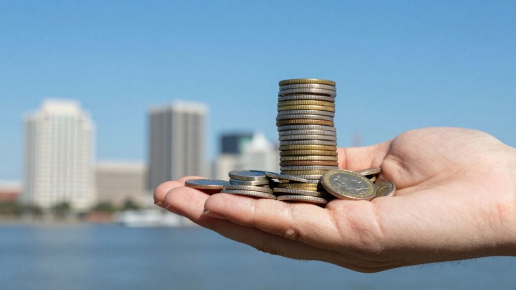 Coins and San Antonio skyline
