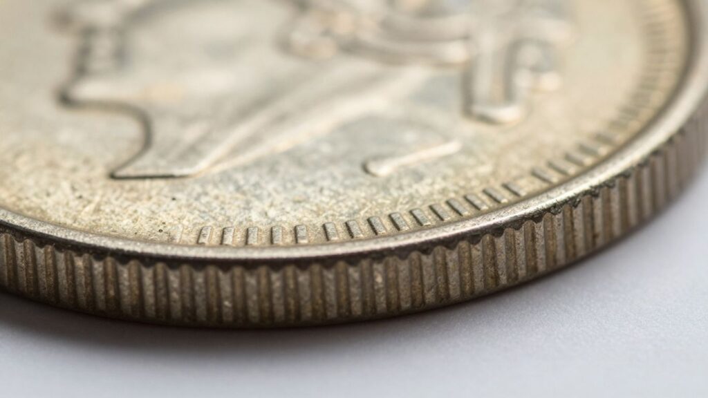 Close-up of a coin's ridged edge.