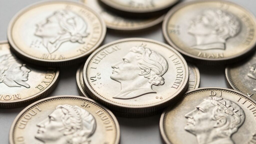 Proof coins with intricate details and reflective surfaces.