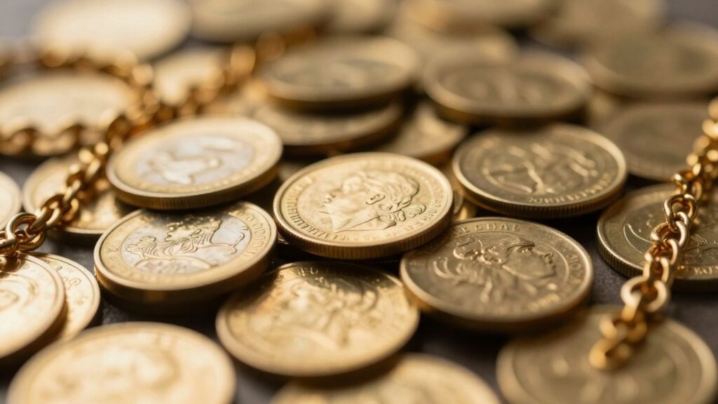 Pile of gold coins and jewelry