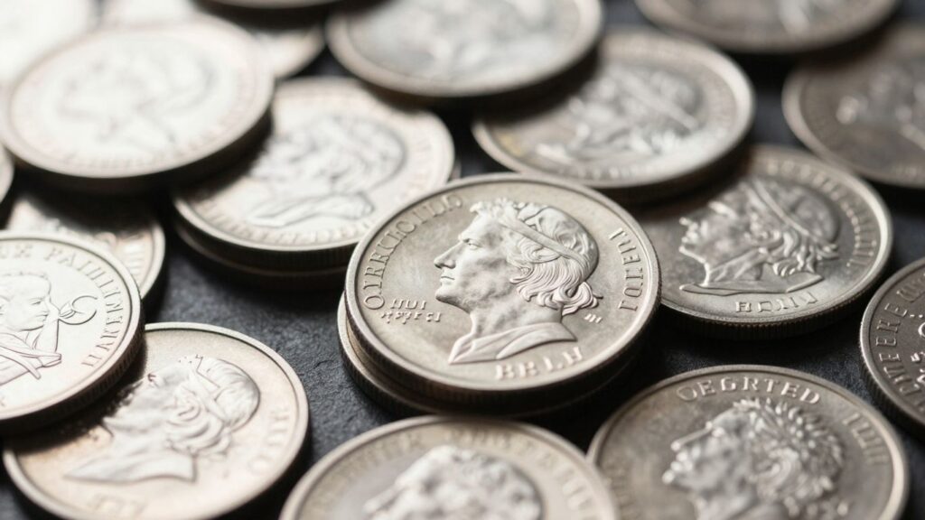 Silver bullion coins stacked and scattered, gleaming.