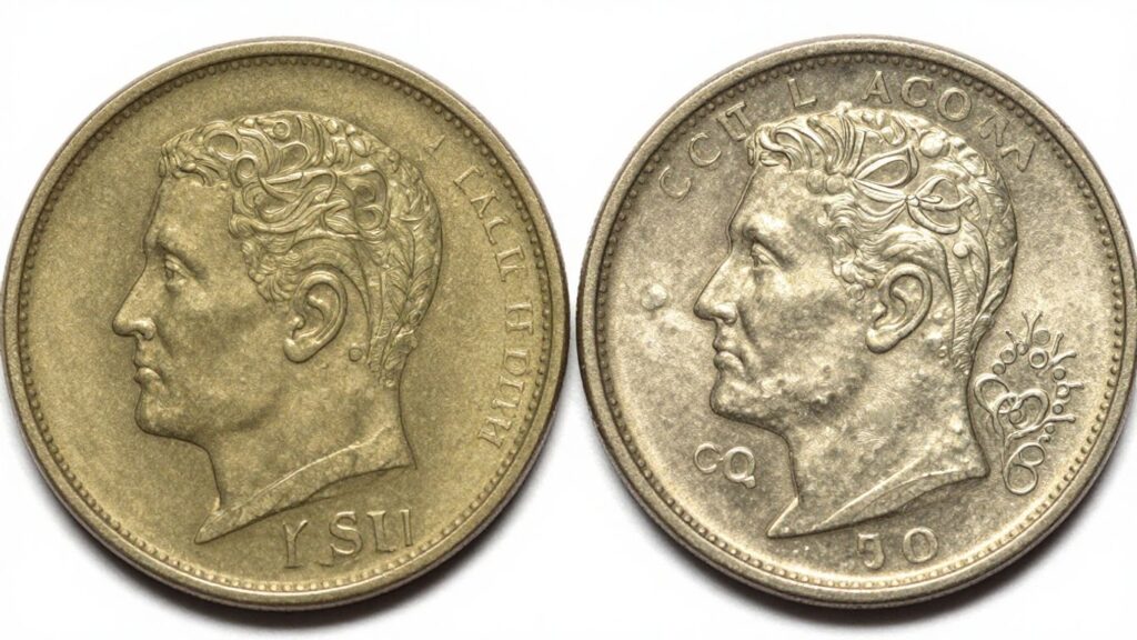Close-up of two coins showing cleaning differences.