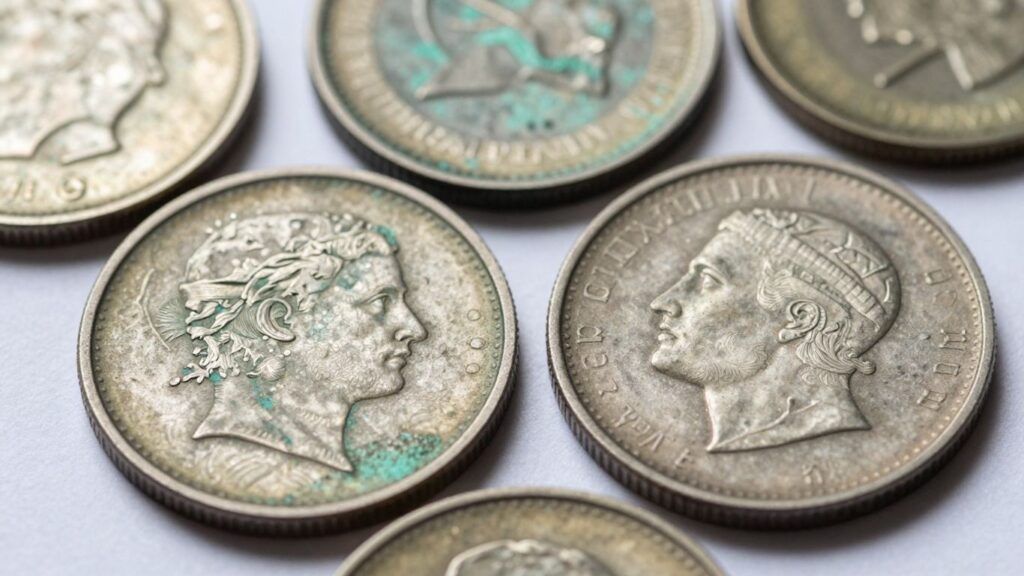 Coins with green patina, pitting, and erosion from environmental damage.