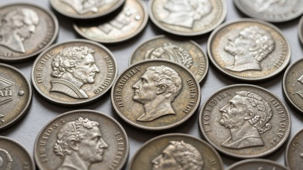 Close-up of antique coins with intricate designs.
