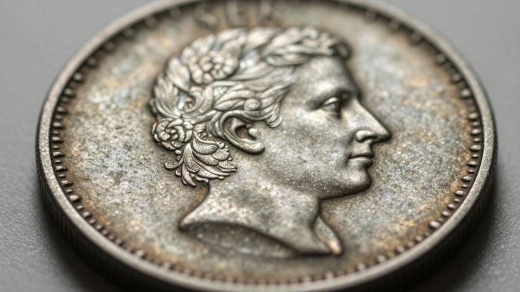 Close-up of an old, detailed coin with light glinting.