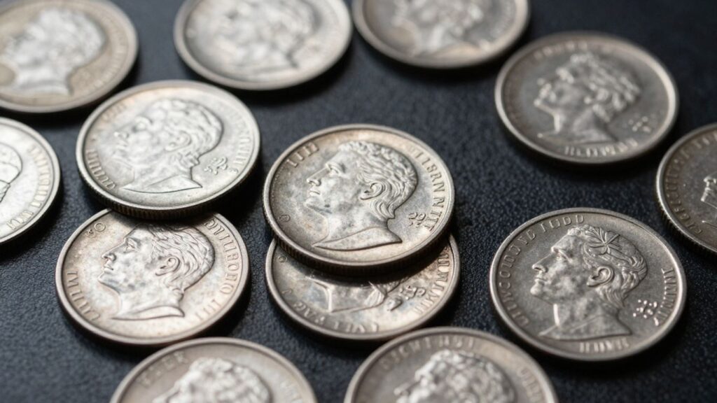 Off-center error coins on a dark surface.