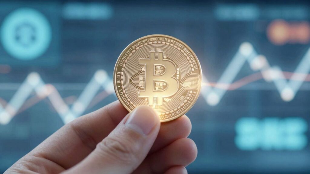 Digital coin in hand, surrounded by cryptocurrency symbols.