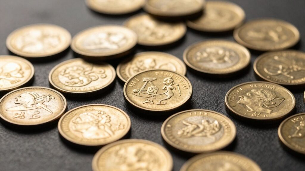 Collection of fractional gold coins with sunlight glinting.