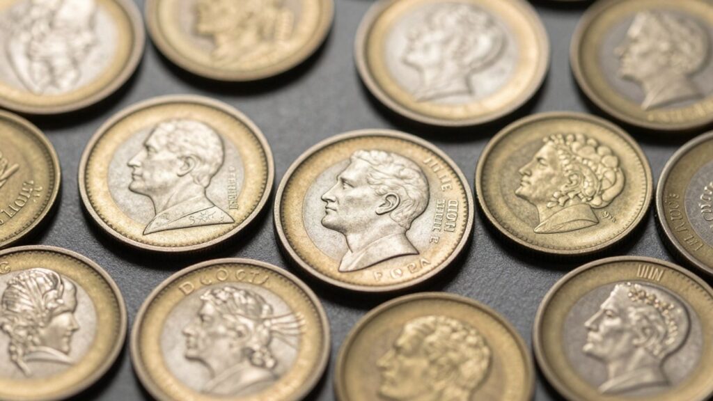 Collection of valuable collectible coins with intricate details.
