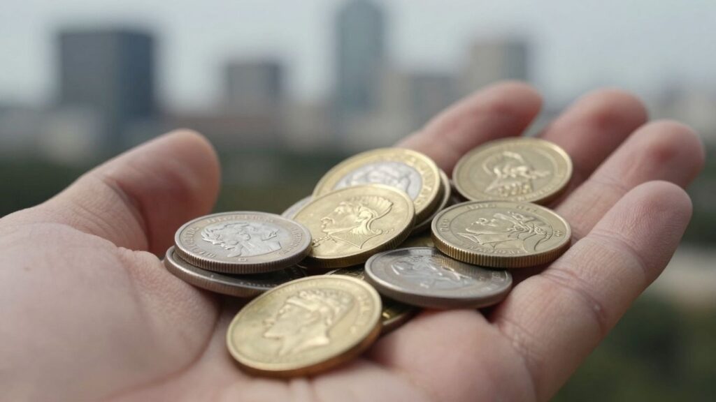 San Antonio skyline with gold and silver coins.