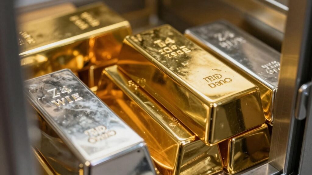 Gold and silver bars stacked in a vault.