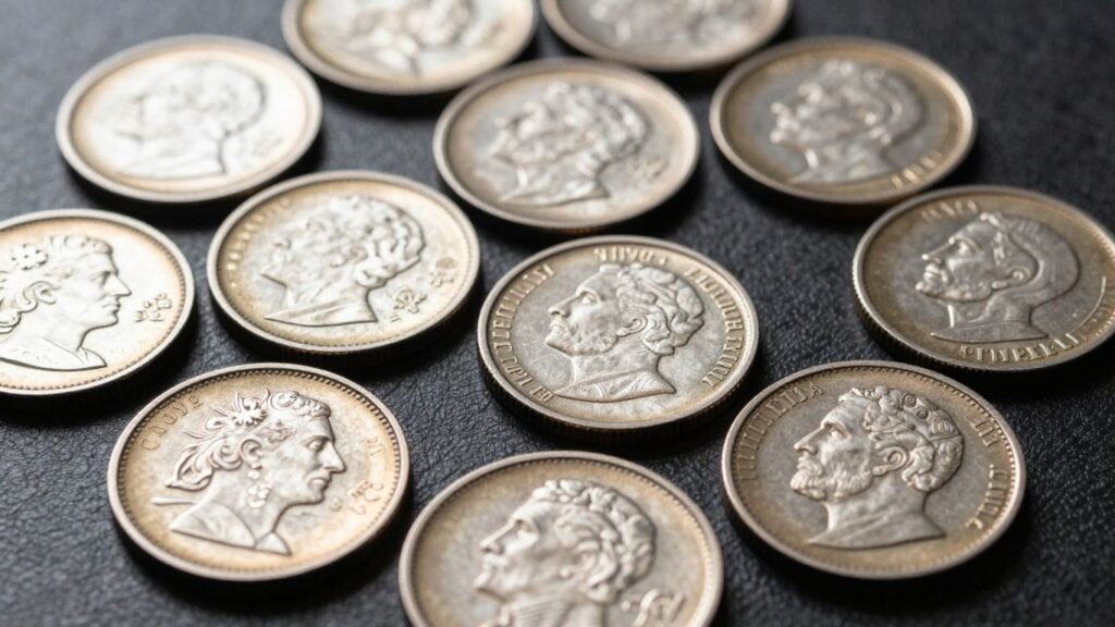 Valuable pattern coins with intricate designs and metallic sheens.