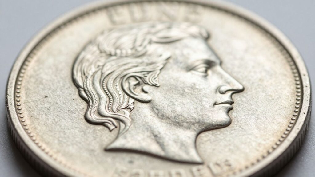 Close-up of a shiny silver coin.