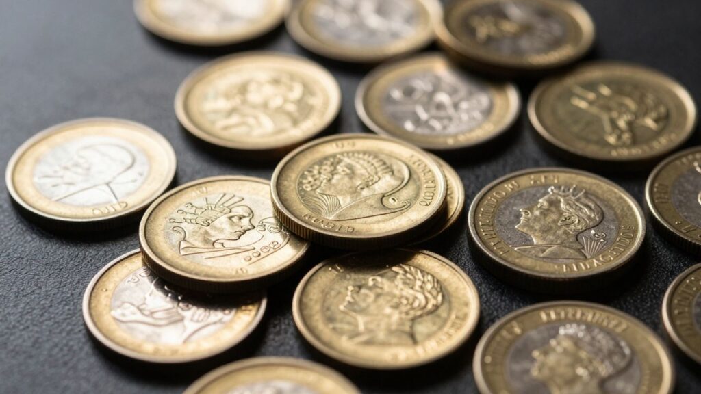 Gold and silver coins scattered and stacked.