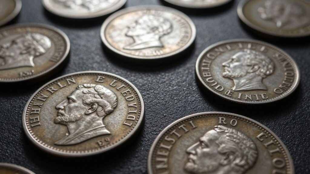 Colonial coins with detailed designs and aged patina.
