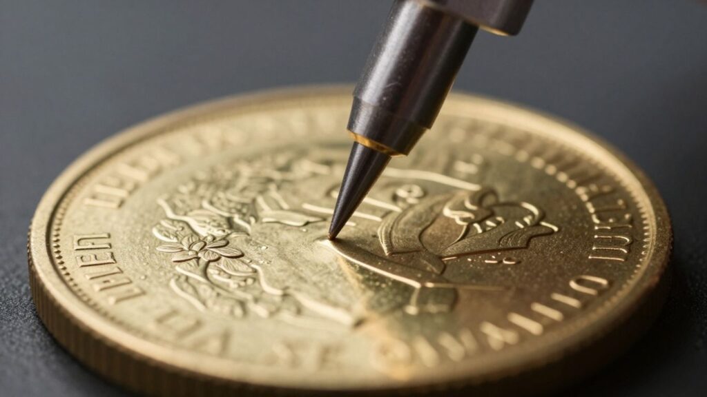 Gold coin purity testing device close-up