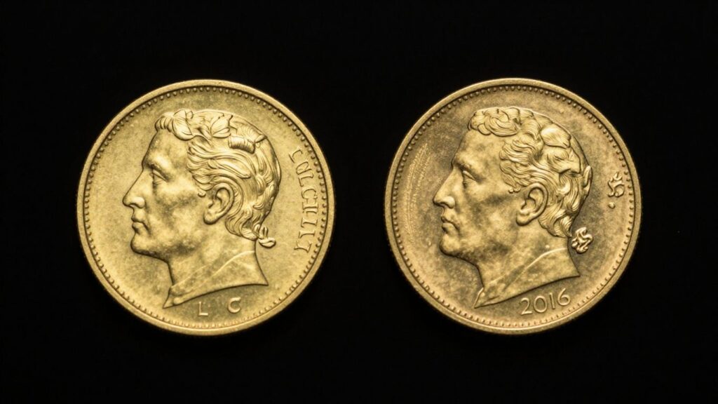 Gold coins showing differences in fineness and karat.