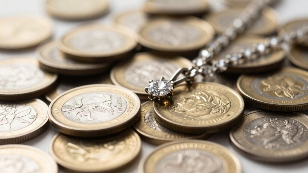 Gold coins, silver coins, and diamond necklace