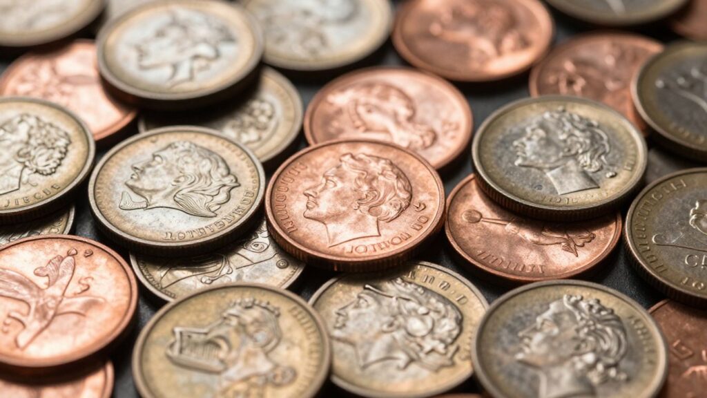 Close-up of nickel and copper coin textures.