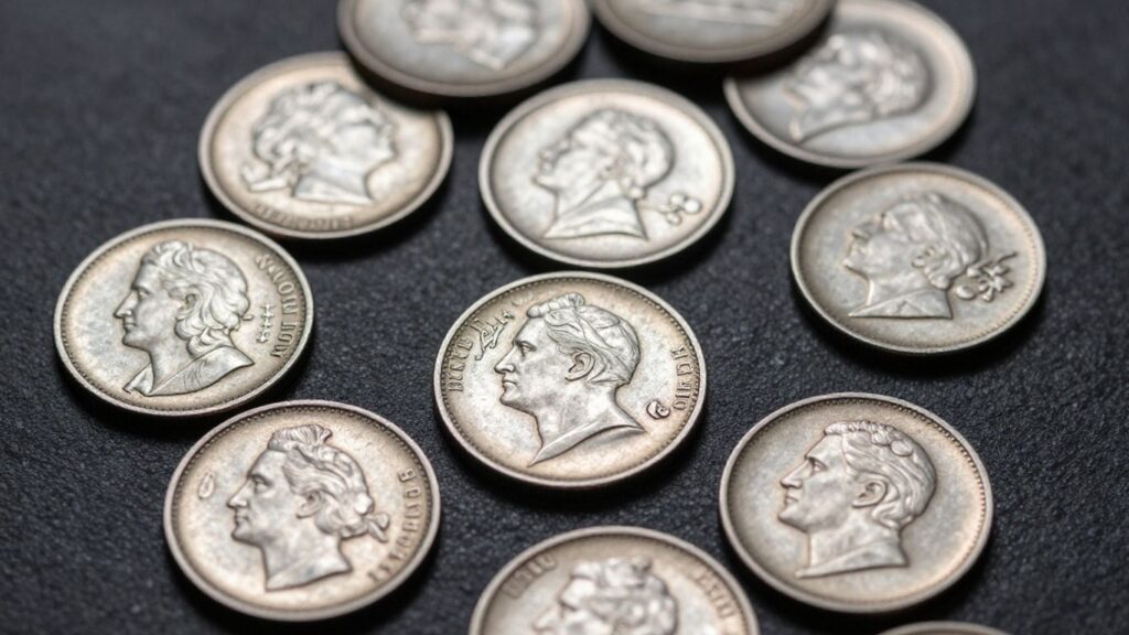 Three cent silver coins scattered on a dark surface.