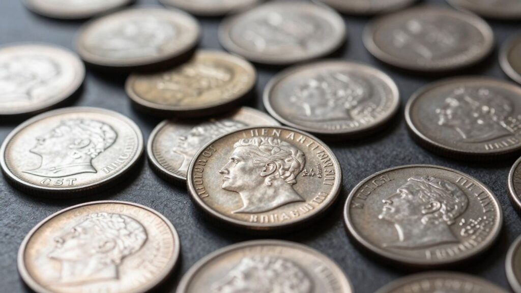 Two-cent coins scattered on a surface.