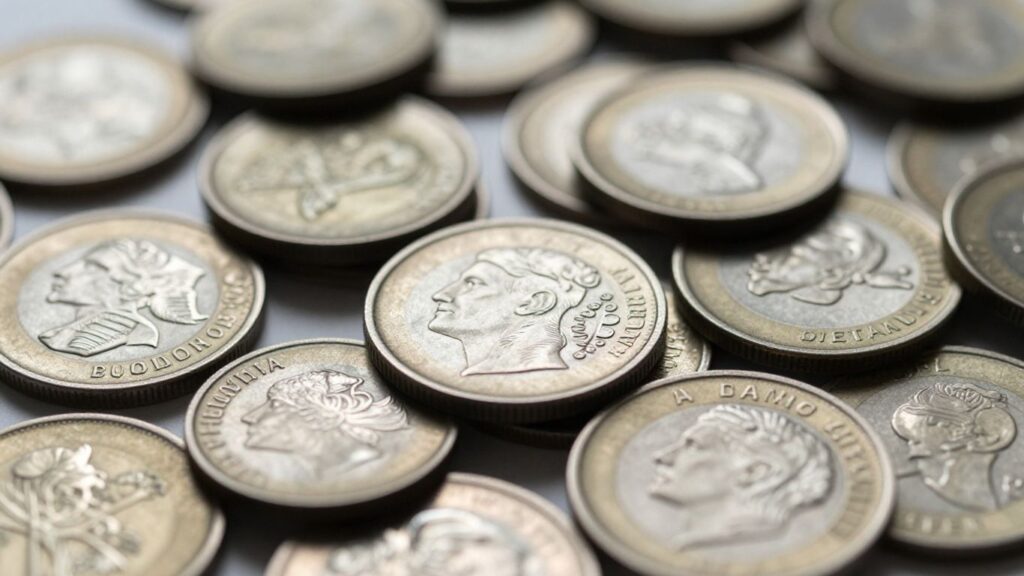 Close-up of various coins, highlighting their metallic details.