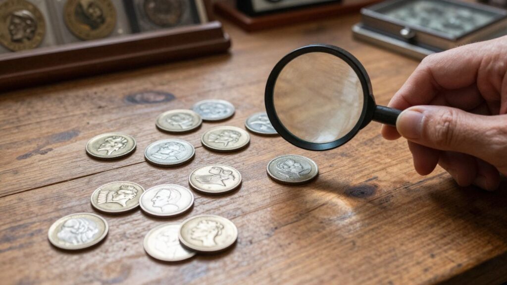 Hand examining elongated coins with magnifying glass