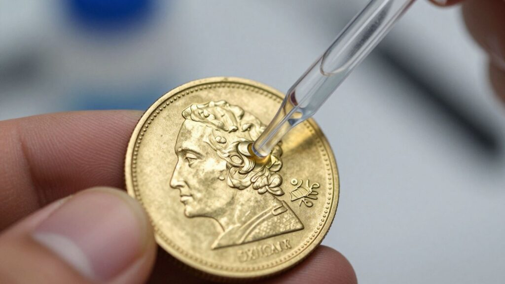 Testing gold coin with acid dropper.
