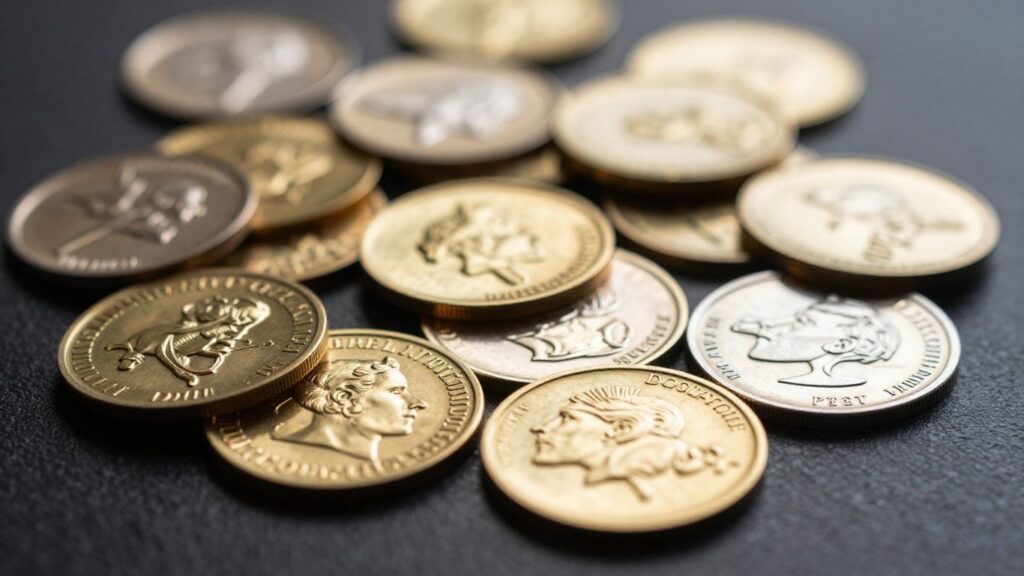 Gold and silver medallions displayed on a dark surface.
